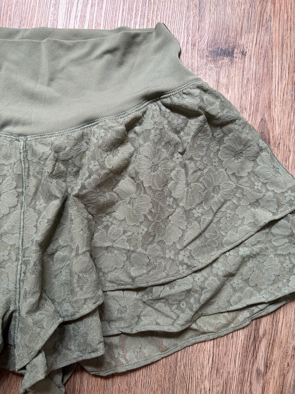 Offline by Aerie Olive Green Lace Ruffle Flowy Shorts w/ built in spandex - Picture 2 of 5